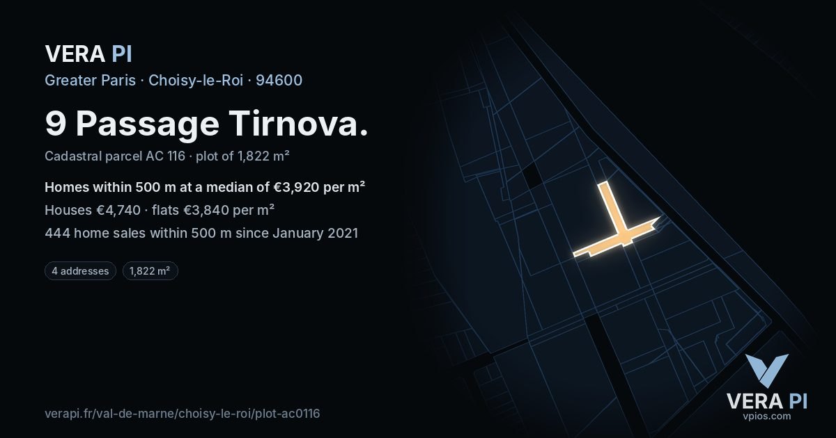 9 Passage Tirnova, Choisy-le-Roi at night – the plot lit, the parcels around coloured by the prices near them