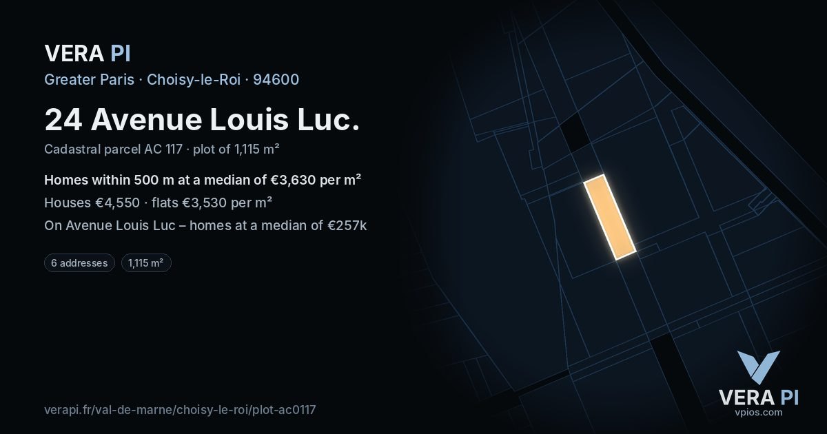 24 Avenue Louis Luc, Choisy-le-Roi at night – the plot lit, the parcels around coloured by the prices near them