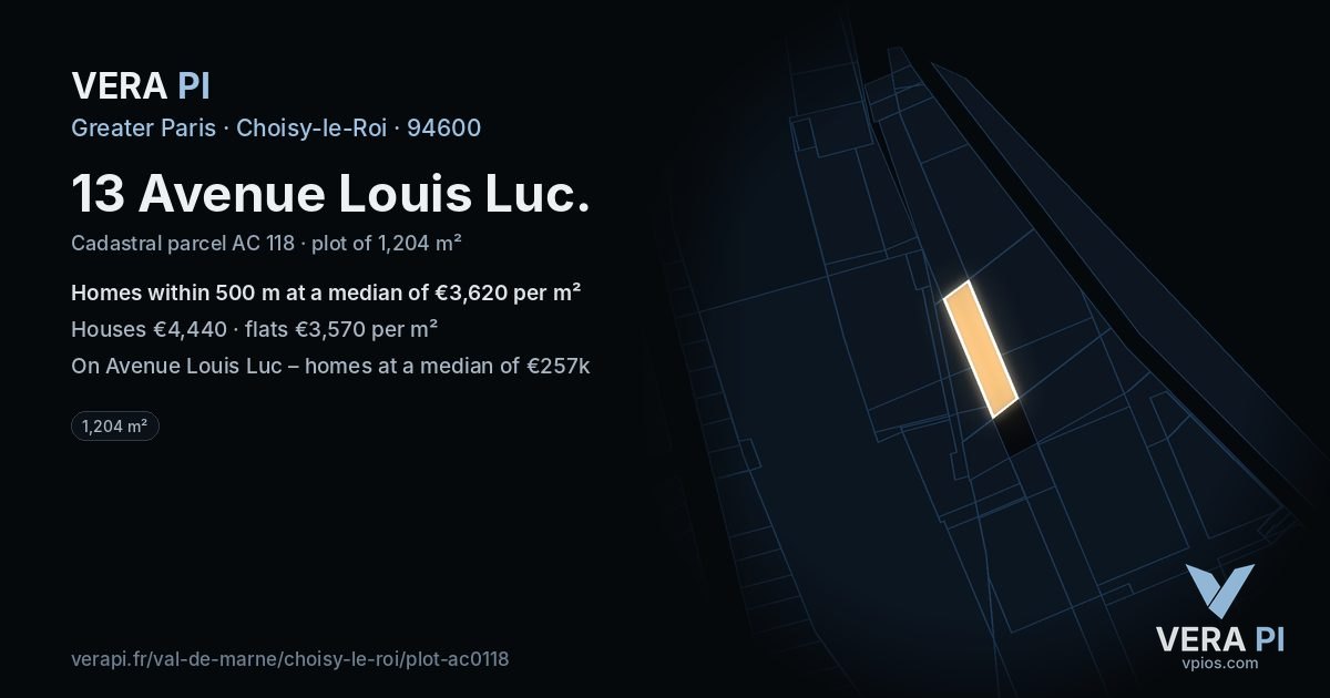 13 Avenue Louis Luc, Choisy-le-Roi at night – the plot lit, the parcels around coloured by the prices near them