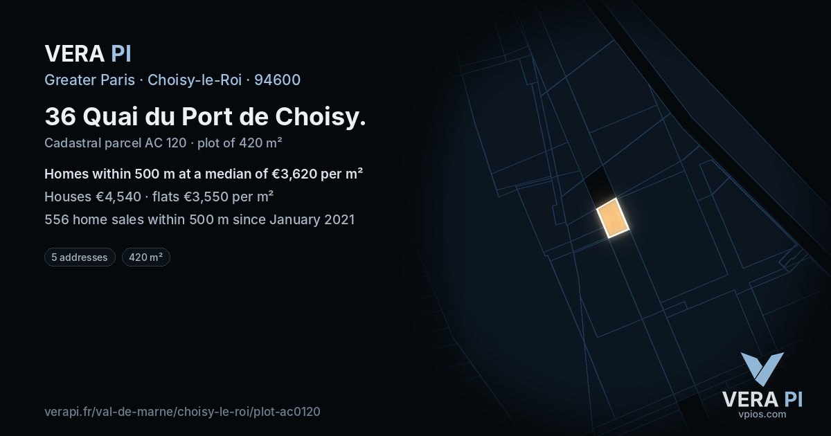 36 Quai du Port de Choisy, Choisy-le-Roi at night – the plot lit, the parcels around coloured by the prices near them