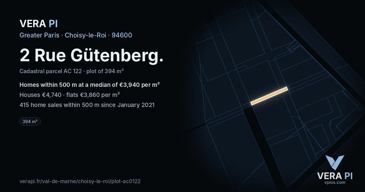 2 Rue Gütenberg, Choisy-le-Roi at night – the plot lit, the parcels around coloured by the prices near them