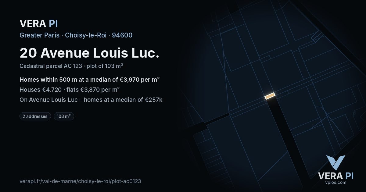 20 Avenue Louis Luc, Choisy-le-Roi at night – the plot lit, the parcels around coloured by the prices near them