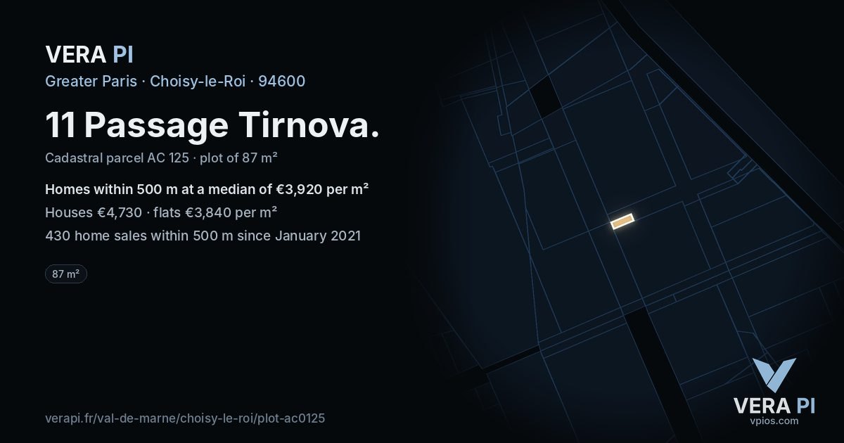 11 Passage Tirnova, Choisy-le-Roi at night – the plot lit, the parcels around coloured by the prices near them