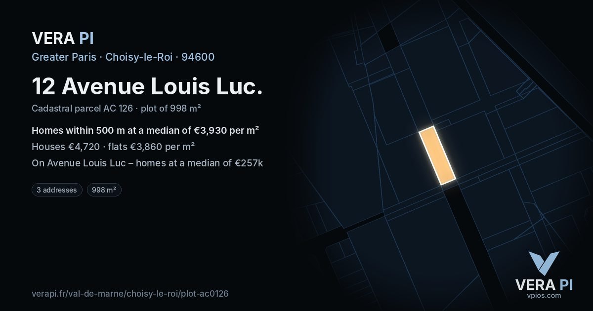 12 Avenue Louis Luc, Choisy-le-Roi at night – the plot lit, the parcels around coloured by the prices near them
