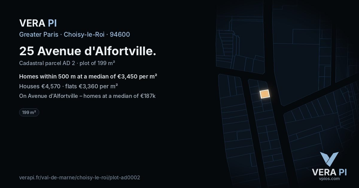 25 Avenue d'Alfortville, Choisy-le-Roi at night – the plot lit, the parcels around coloured by the prices near them