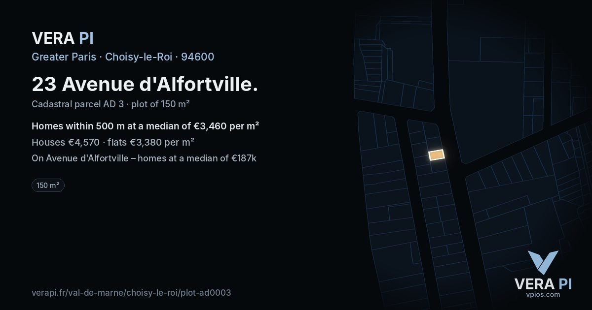 23 Avenue d'Alfortville, Choisy-le-Roi at night – the plot lit, the parcels around coloured by the prices near them