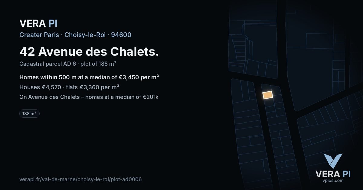 42 Avenue des Chalets, Choisy-le-Roi at night – the plot lit, the parcels around coloured by the prices near them
