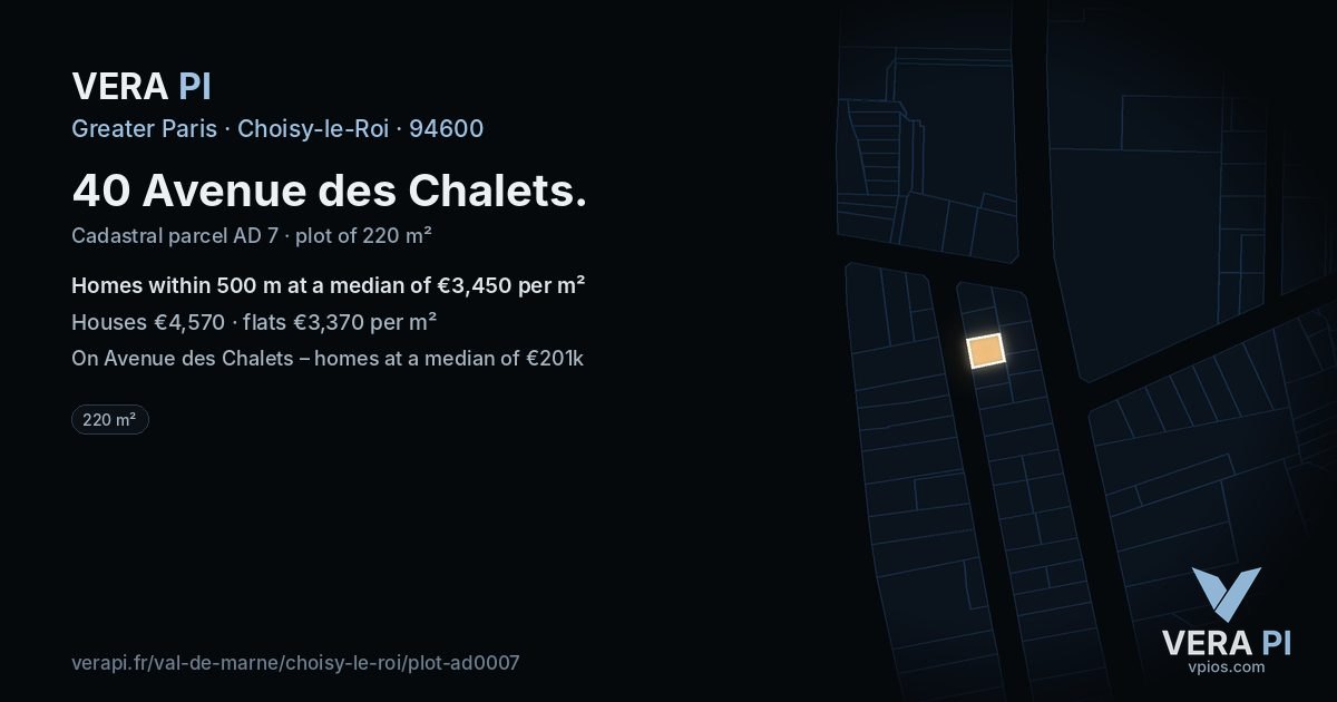 40 Avenue des Chalets, Choisy-le-Roi at night – the plot lit, the parcels around coloured by the prices near them