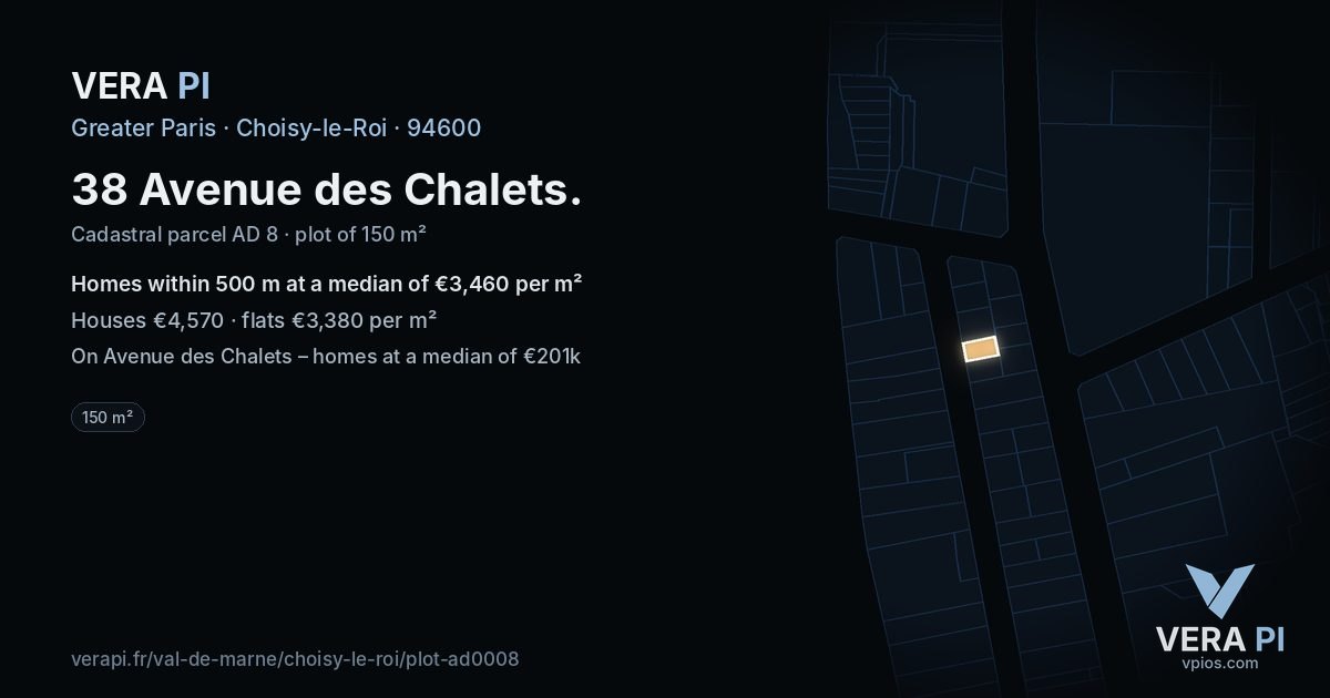38 Avenue des Chalets, Choisy-le-Roi at night – the plot lit, the parcels around coloured by the prices near them