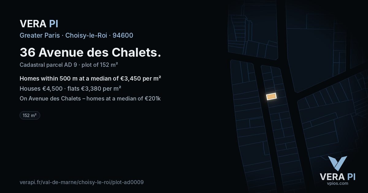 36 Avenue des Chalets, Choisy-le-Roi at night – the plot lit, the parcels around coloured by the prices near them