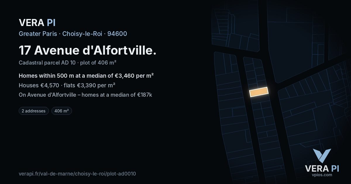 17 Avenue d'Alfortville, Choisy-le-Roi at night – the plot lit, the parcels around coloured by the prices near them
