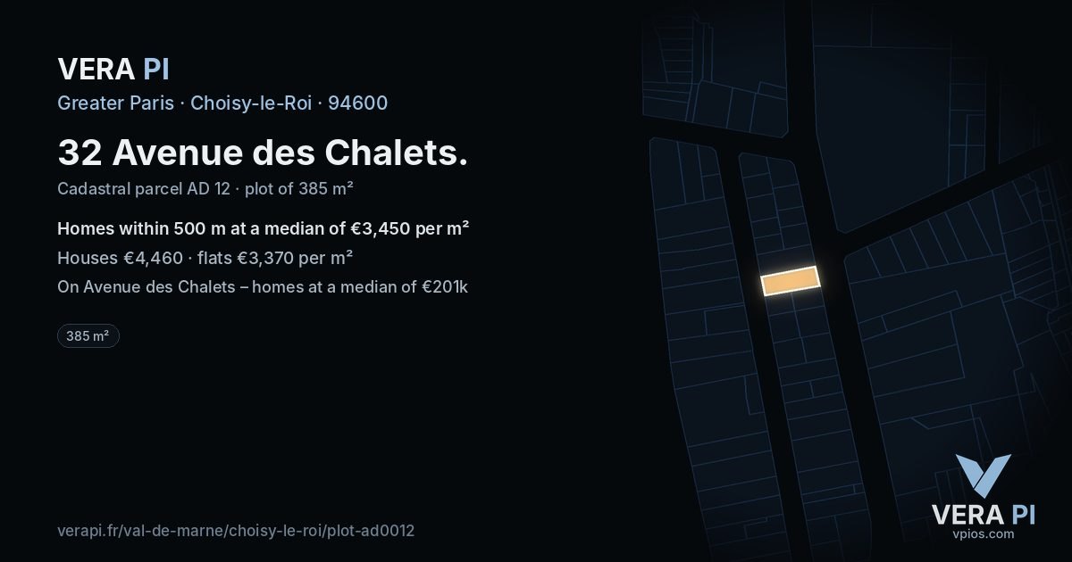 32 Avenue des Chalets, Choisy-le-Roi at night – the plot lit, the parcels around coloured by the prices near them