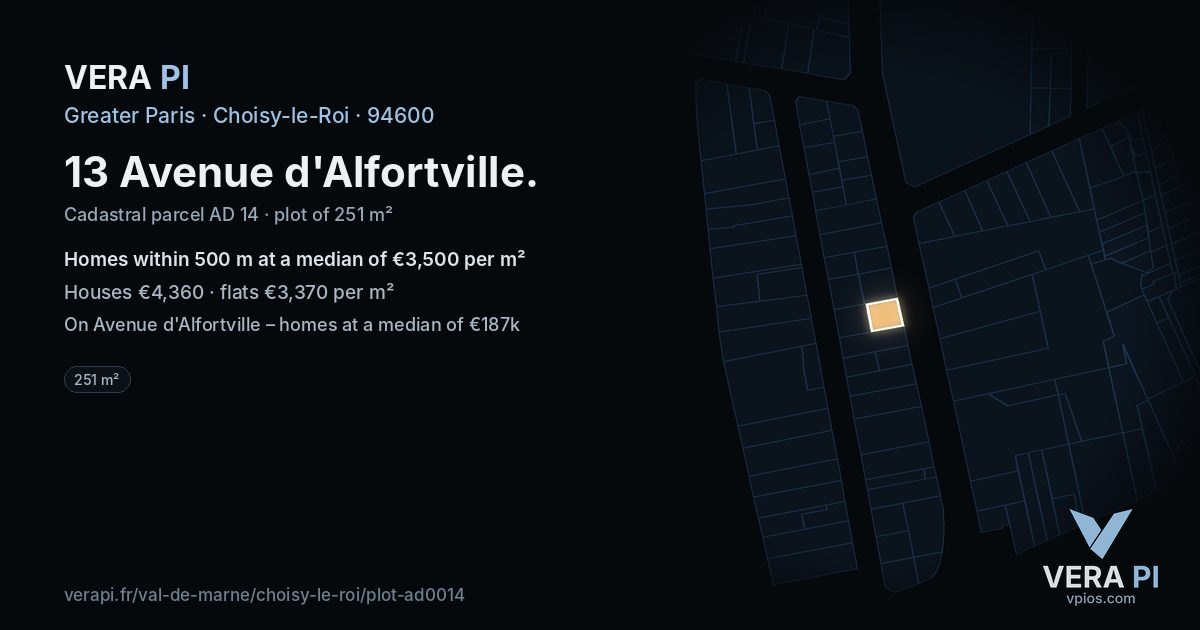 13 Avenue d'Alfortville, Choisy-le-Roi at night – the plot lit, the parcels around coloured by the prices near them