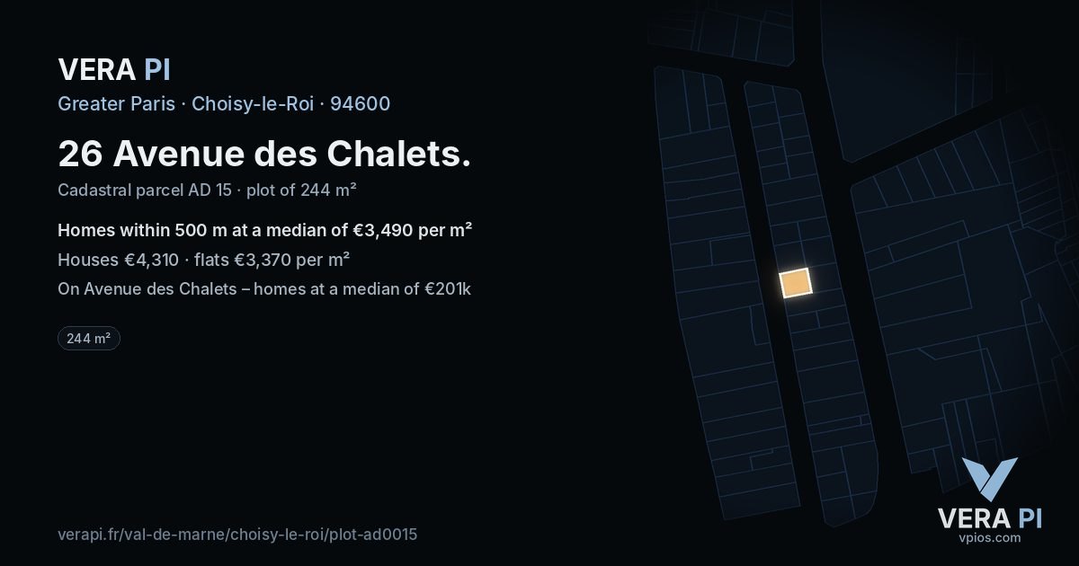 26 Avenue des Chalets, Choisy-le-Roi at night – the plot lit, the parcels around coloured by the prices near them