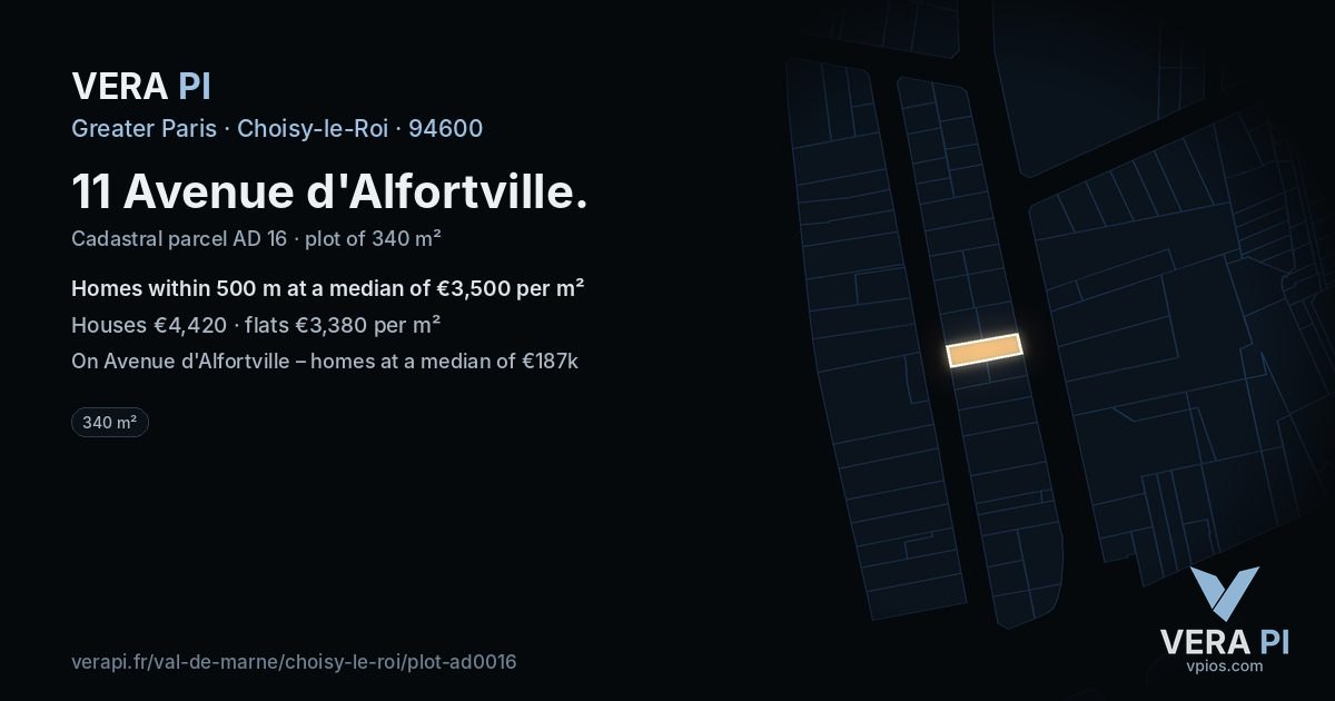 11 Avenue d'Alfortville, Choisy-le-Roi at night – the plot lit, the parcels around coloured by the prices near them