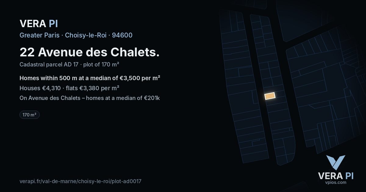 22 Avenue des Chalets, Choisy-le-Roi at night – the plot lit, the parcels around coloured by the prices near them