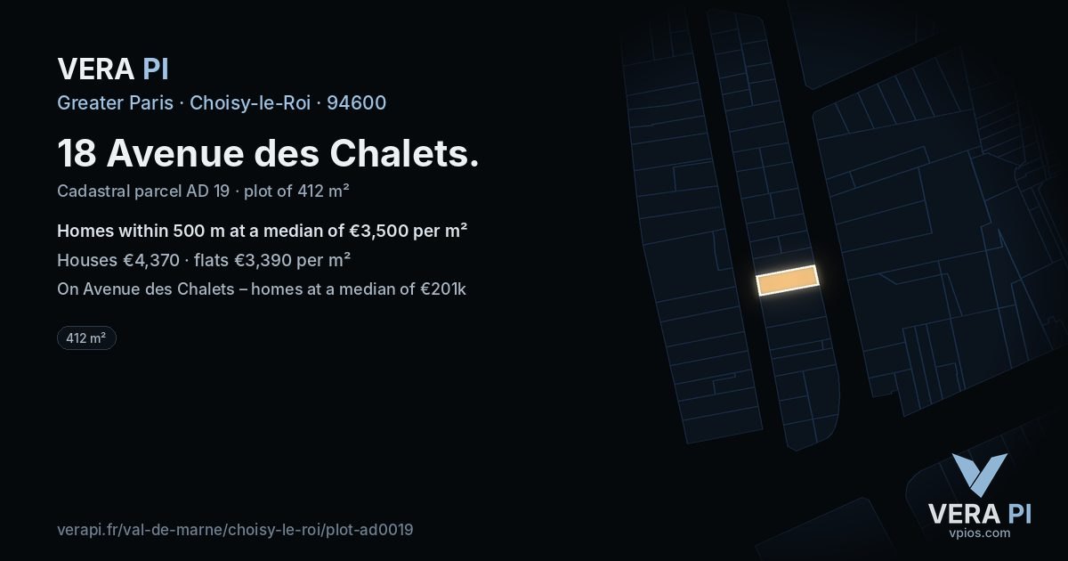18 Avenue des Chalets, Choisy-le-Roi at night – the plot lit, the parcels around coloured by the prices near them