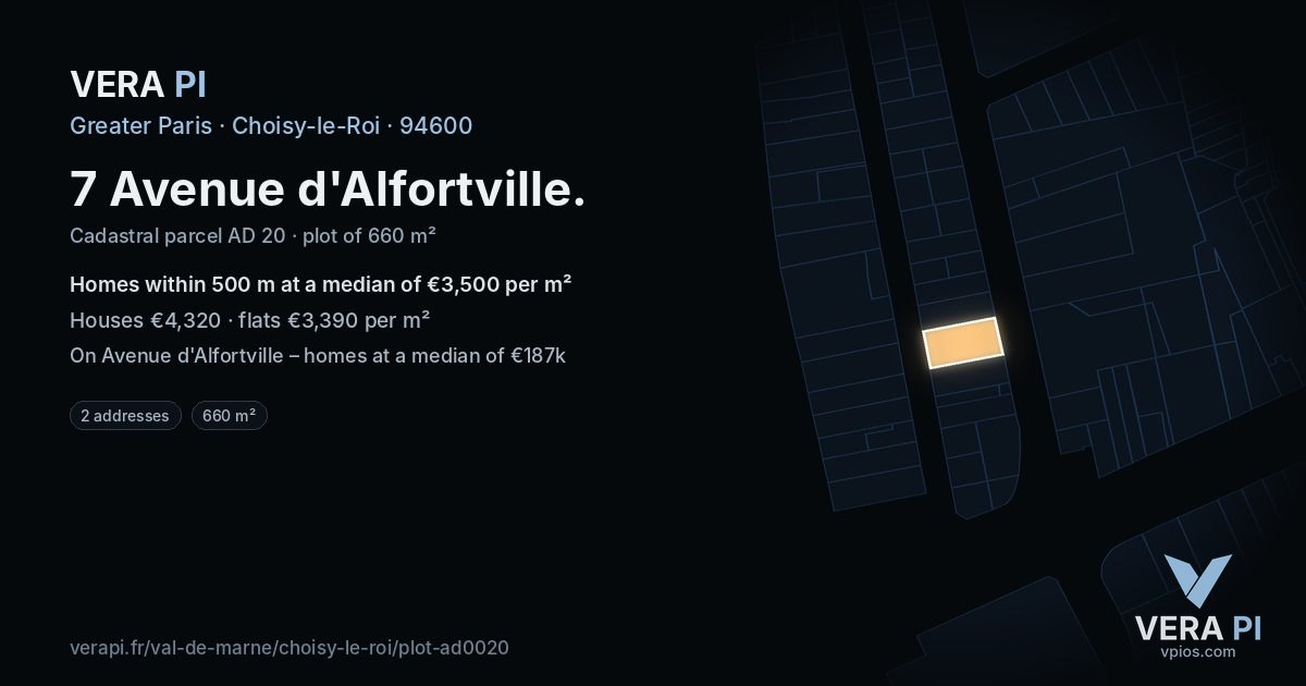 7 Avenue d'Alfortville, Choisy-le-Roi at night – the plot lit, the parcels around coloured by the prices near them