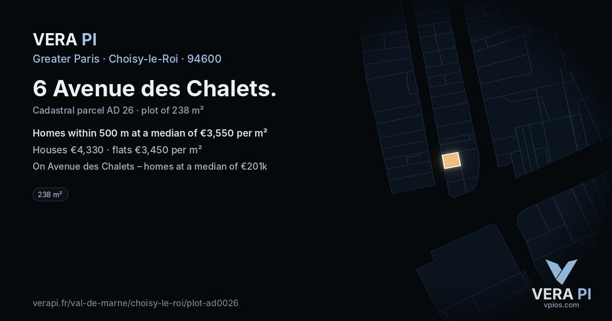 6 Avenue des Chalets, Choisy-le-Roi at night – the plot lit, the parcels around coloured by the prices near them