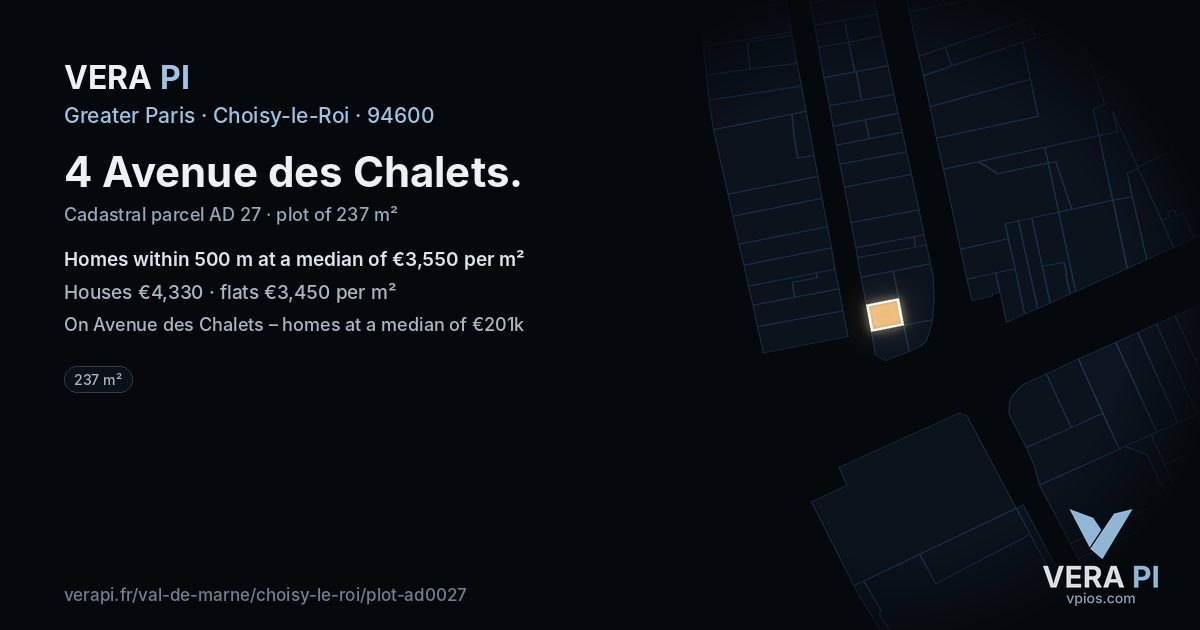 4 Avenue des Chalets, Choisy-le-Roi at night – the plot lit, the parcels around coloured by the prices near them