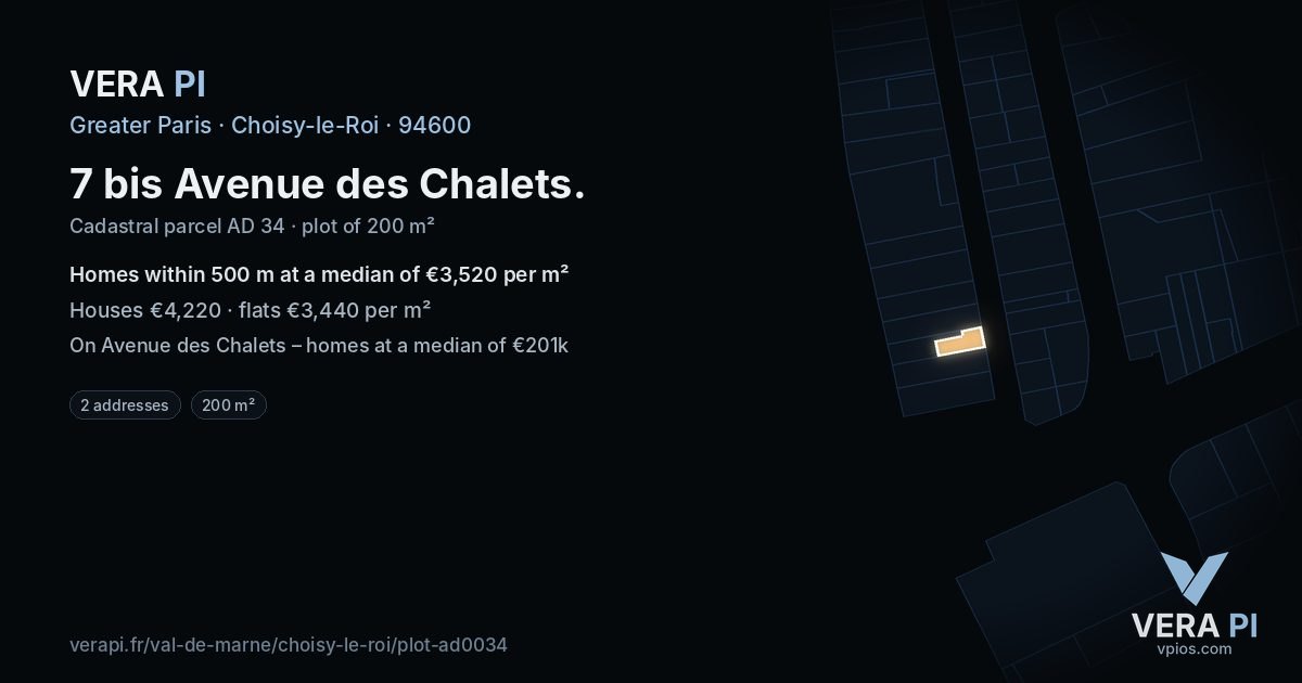 7 bis Avenue des Chalets, Choisy-le-Roi at night – the plot lit, the parcels around coloured by the prices near them