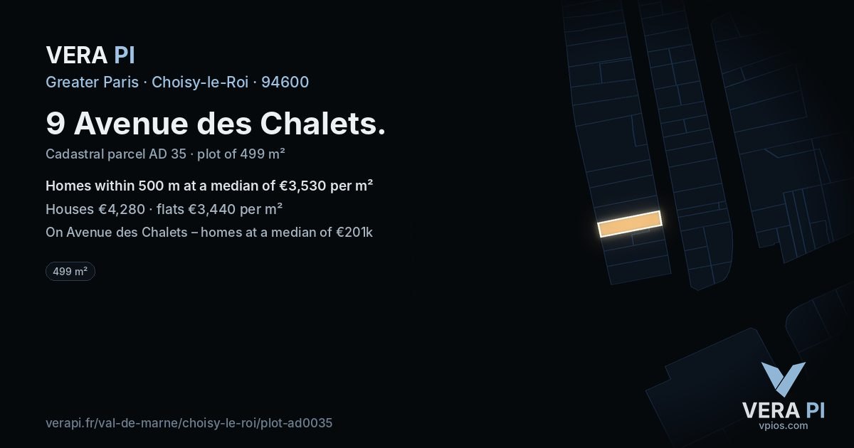 9 Avenue des Chalets, Choisy-le-Roi at night – the plot lit, the parcels around coloured by the prices near them