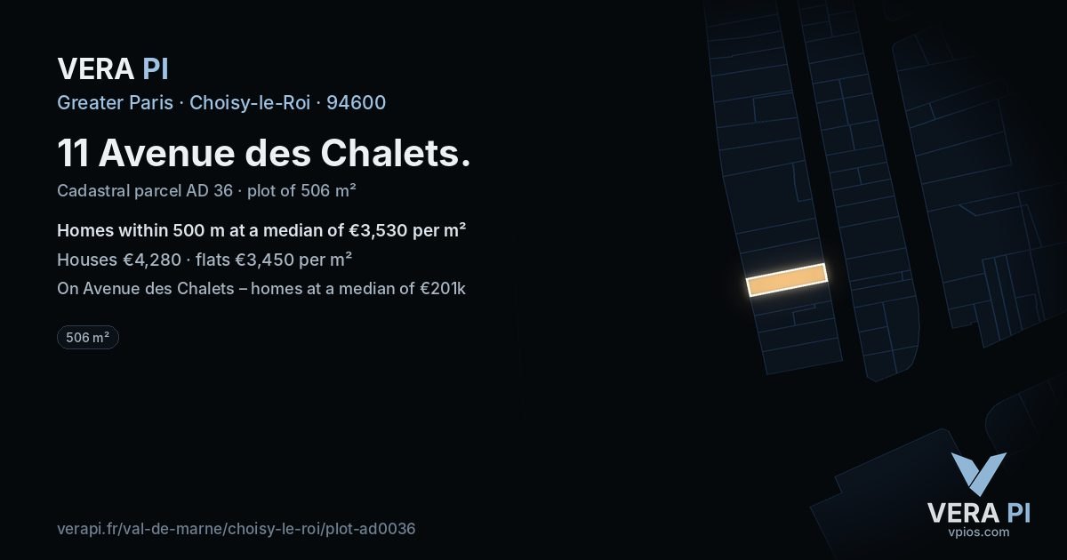 11 Avenue des Chalets, Choisy-le-Roi at night – the plot lit, the parcels around coloured by the prices near them