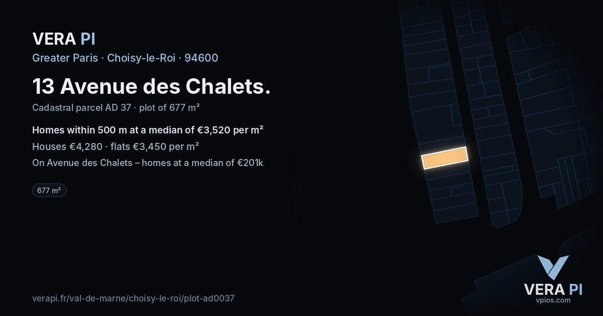 13 Avenue des Chalets, Choisy-le-Roi at night – the plot lit, the parcels around coloured by the prices near them