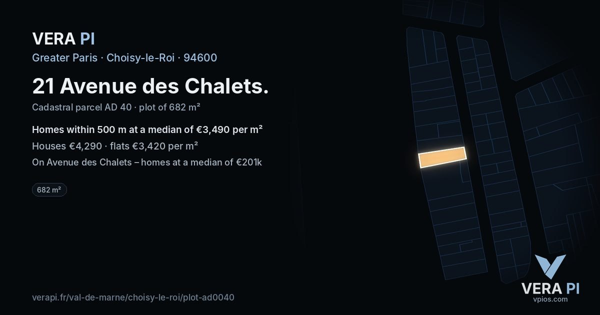 21 Avenue des Chalets, Choisy-le-Roi at night – the plot lit, the parcels around coloured by the prices near them