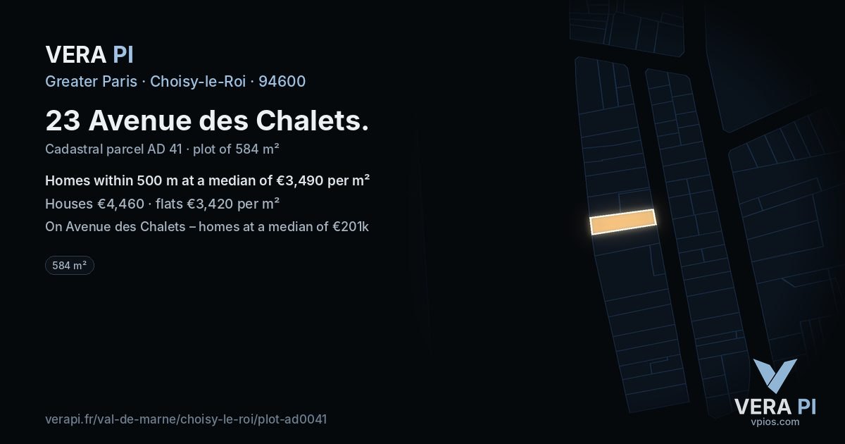 23 Avenue des Chalets, Choisy-le-Roi at night – the plot lit, the parcels around coloured by the prices near them