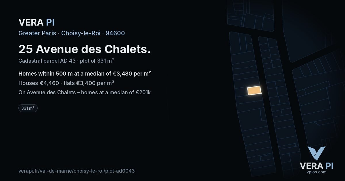 25 Avenue des Chalets, Choisy-le-Roi at night – the plot lit, the parcels around coloured by the prices near them