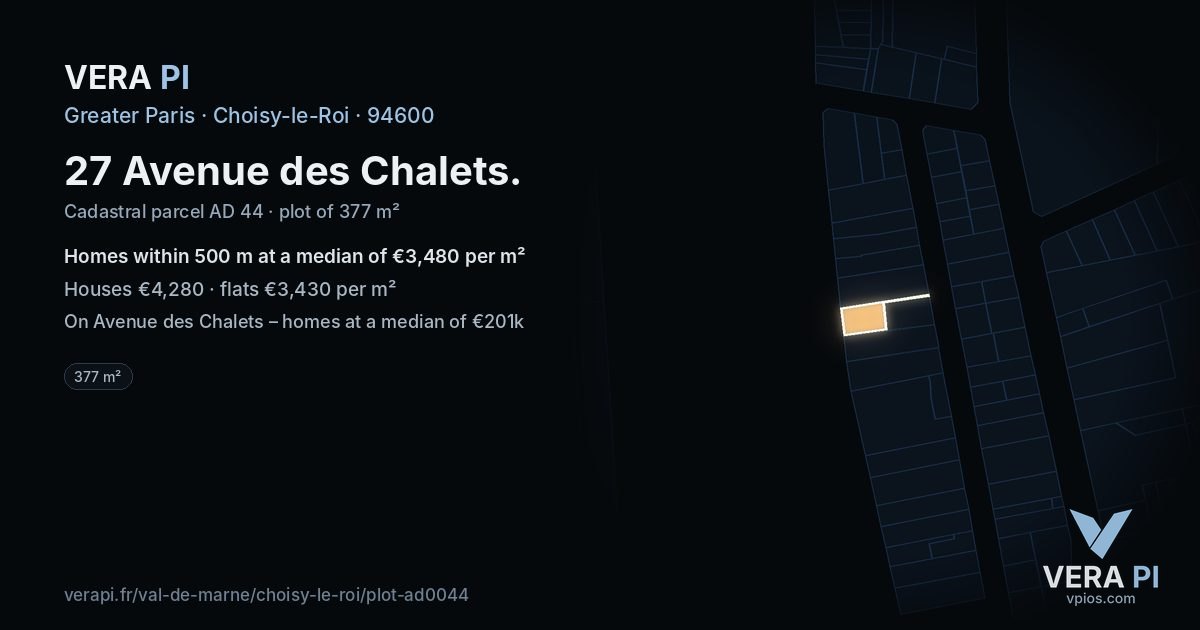 27 Avenue des Chalets, Choisy-le-Roi at night – the plot lit, the parcels around coloured by the prices near them