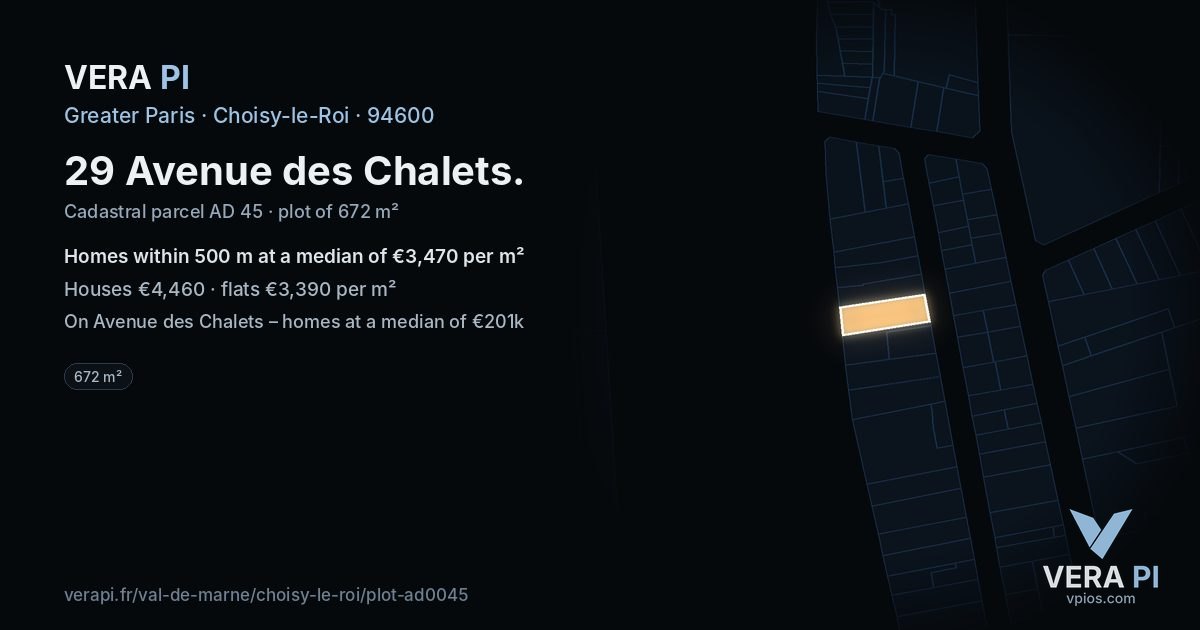 29 Avenue des Chalets, Choisy-le-Roi at night – the plot lit, the parcels around coloured by the prices near them