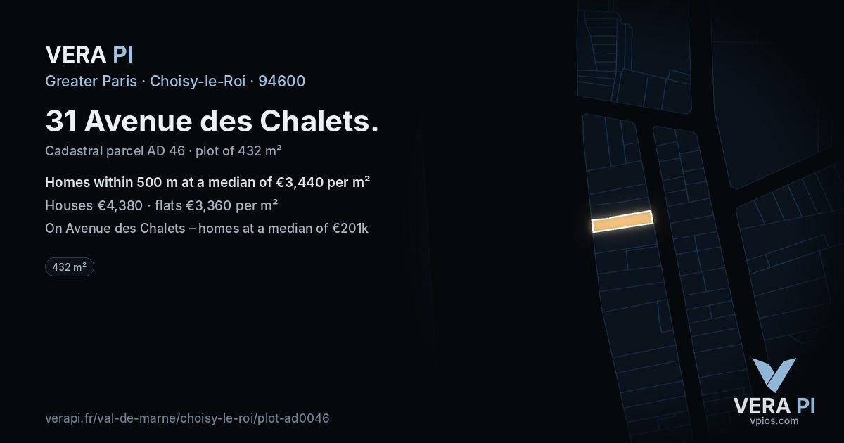 31 Avenue des Chalets, Choisy-le-Roi at night – the plot lit, the parcels around coloured by the prices near them