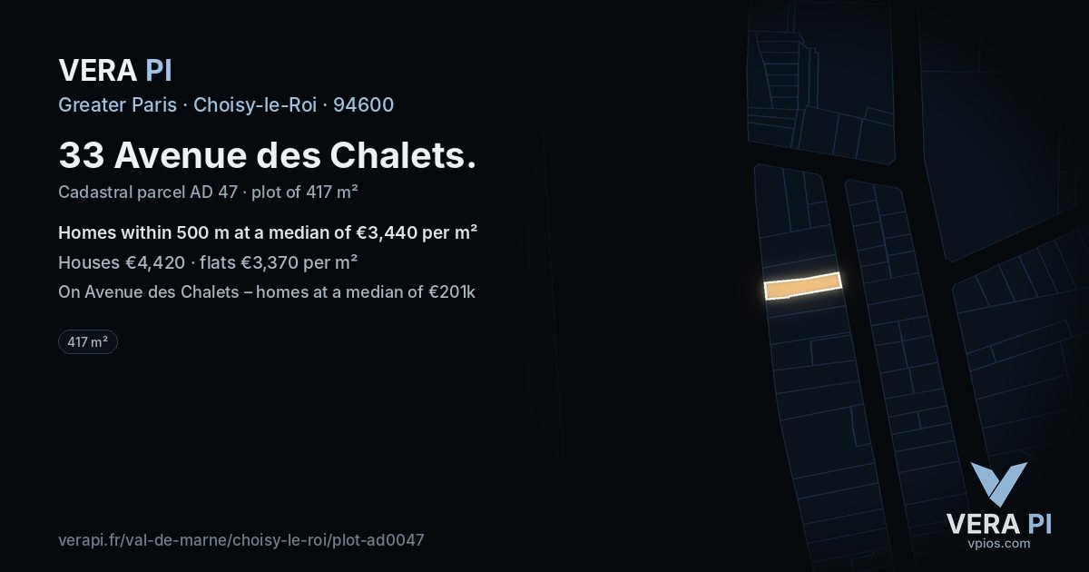 33 Avenue des Chalets, Choisy-le-Roi at night – the plot lit, the parcels around coloured by the prices near them