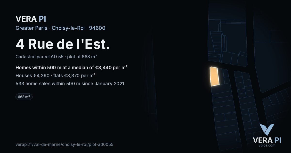 4 Rue de l'Est, Choisy-le-Roi at night – the plot lit, the parcels around coloured by the prices near them