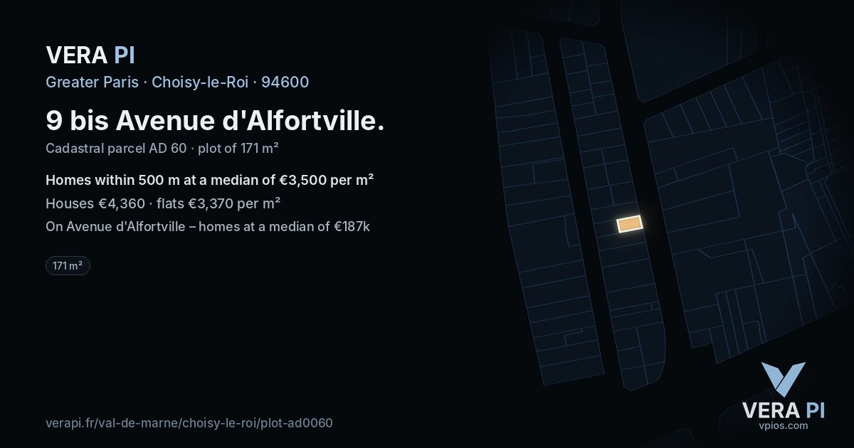 9 bis Avenue d'Alfortville, Choisy-le-Roi at night – the plot lit, the parcels around coloured by the prices near them