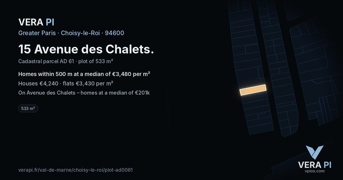 15 Avenue des Chalets, Choisy-le-Roi at night – the plot lit, the parcels around coloured by the prices near them