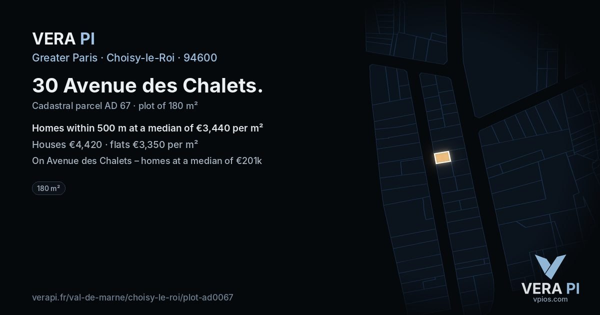 30 Avenue des Chalets, Choisy-le-Roi at night – the plot lit, the parcels around coloured by the prices near them