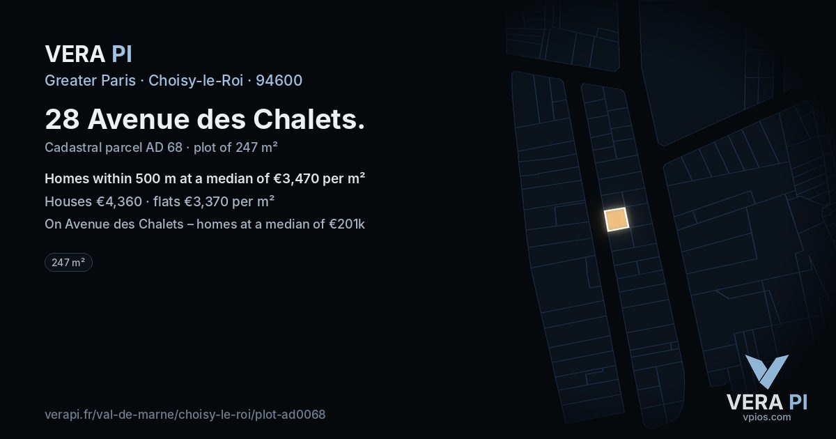 28 Avenue des Chalets, Choisy-le-Roi at night – the plot lit, the parcels around coloured by the prices near them