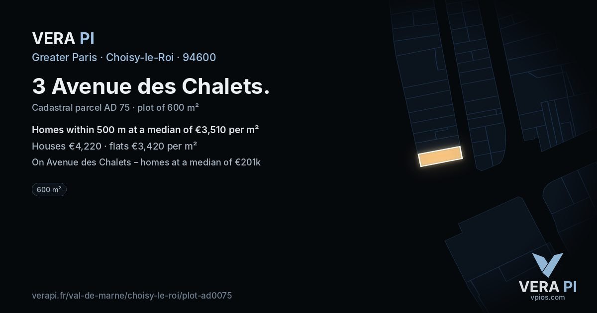 3 Avenue des Chalets, Choisy-le-Roi at night – the plot lit, the parcels around coloured by the prices near them