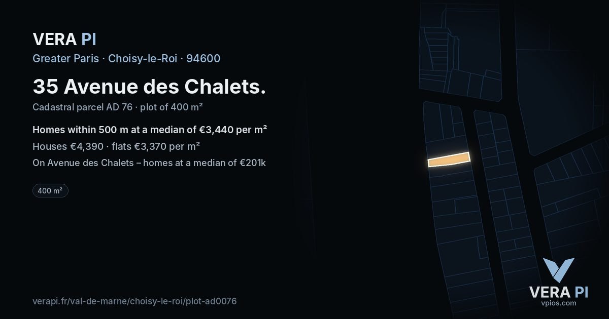 35 Avenue des Chalets, Choisy-le-Roi at night – the plot lit, the parcels around coloured by the prices near them