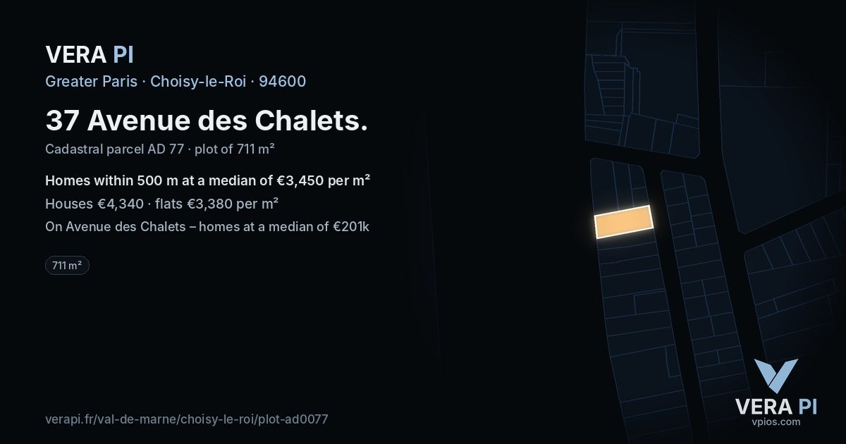37 Avenue des Chalets, Choisy-le-Roi at night – the plot lit, the parcels around coloured by the prices near them