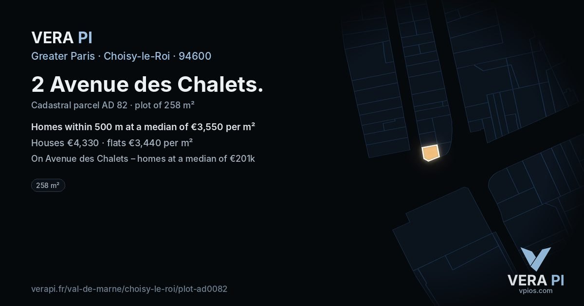 2 Avenue des Chalets, Choisy-le-Roi at night – the plot lit, the parcels around coloured by the prices near them
