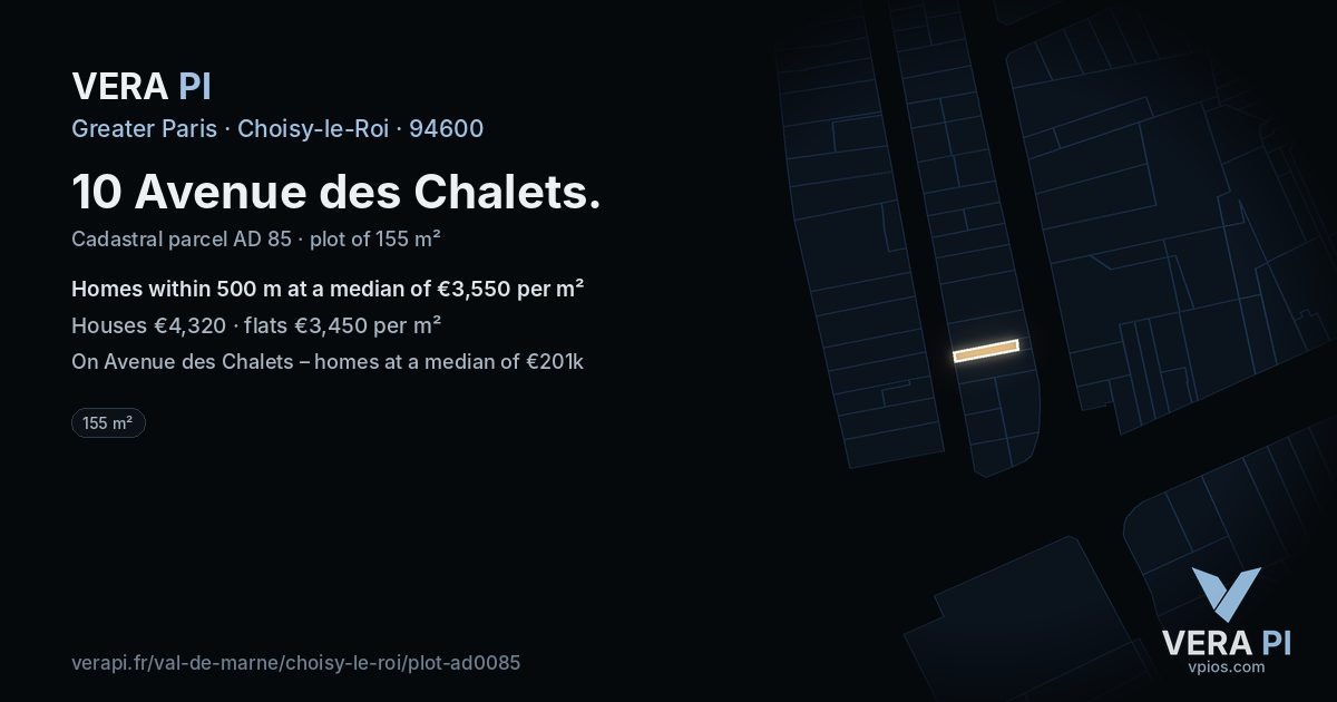 10 Avenue des Chalets, Choisy-le-Roi at night – the plot lit, the parcels around coloured by the prices near them