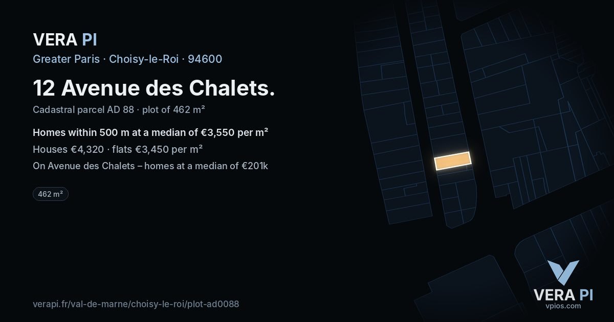 12 Avenue des Chalets, Choisy-le-Roi at night – the plot lit, the parcels around coloured by the prices near them