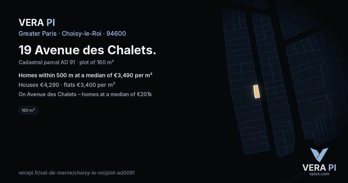 19 Avenue des Chalets, Choisy-le-Roi at night – the plot lit, the parcels around coloured by the prices near them