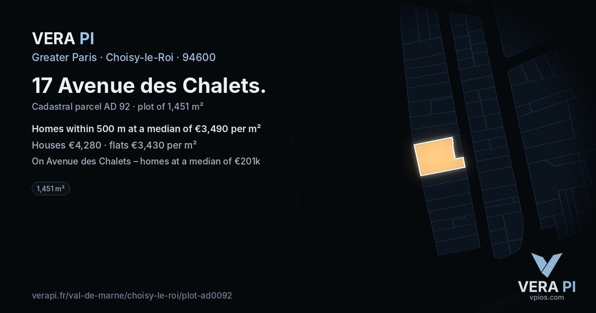17 Avenue des Chalets, Choisy-le-Roi at night – the plot lit, the parcels around coloured by the prices near them