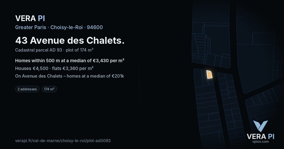 43 Avenue des Chalets, Choisy-le-Roi at night – the plot lit, the parcels around coloured by the prices near them