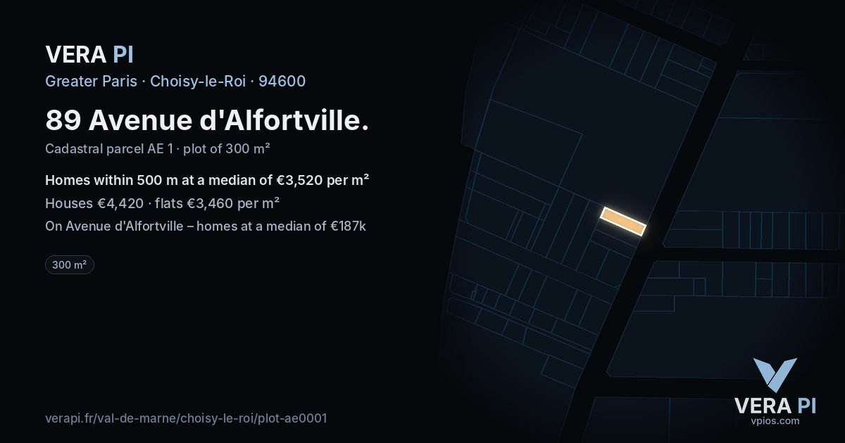 89 Avenue d'Alfortville, Choisy-le-Roi at night – the plot lit, the parcels around coloured by the prices near them